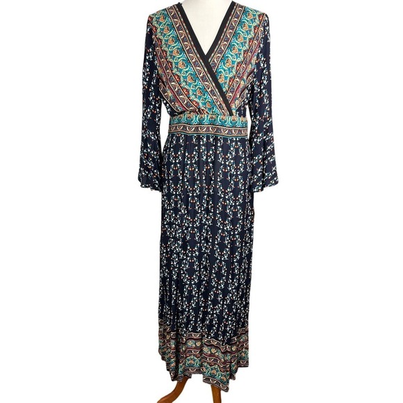NWOT SHEIN Plunging Neck Tribal Print Floral Motif Maxi Dress Boho Dress 12/XL - Picture 2 of 12